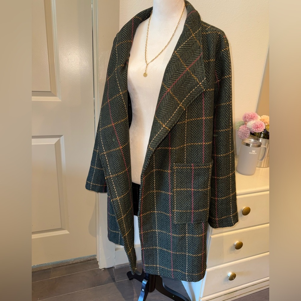 Fashion Nova Dark Green Plaid Open-Front Trench Coat